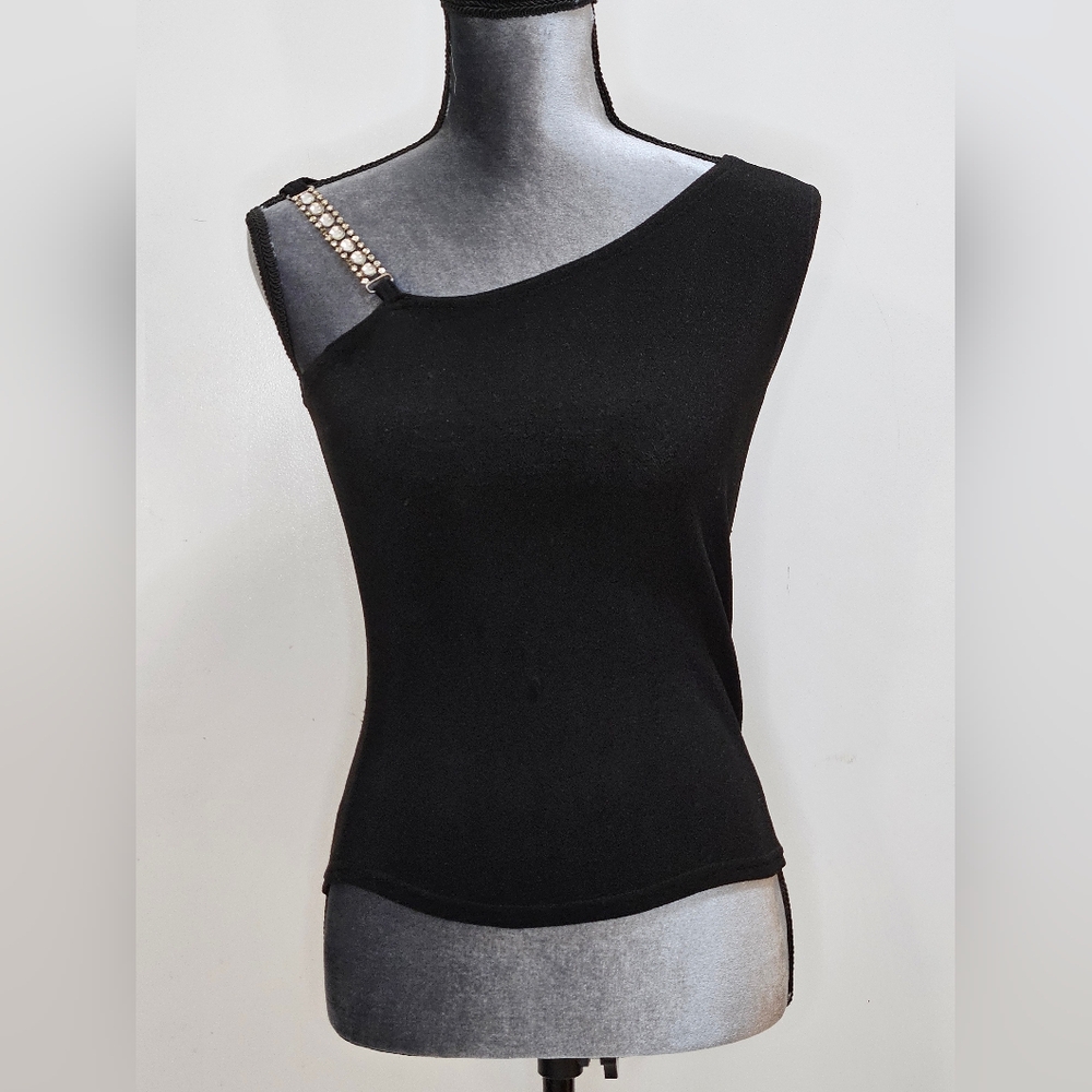 A Stylish Black Top With Rhinestones Strap by Angela